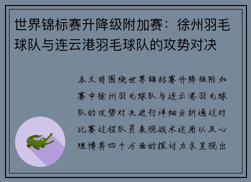 世界锦标赛升降级附加赛：徐州羽毛球队与连云港羽毛球队的攻势对决
